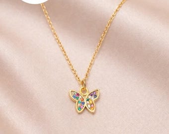 Dainty Multicolor Gems Butterfly Pendant Gold Necklace: 18K Gold Plated, Gifts For Her, Birthday Gifts, Minimal Necklace, Dainty Necklace