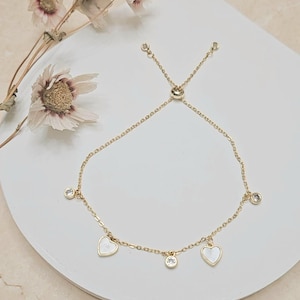 Heart Pearl Charm Adjustable Gold Bracelet: 14K Gold Plated