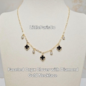 Clover Onyx & Diamond Gold Necklace: 18K Gold Plated, 925 Silver