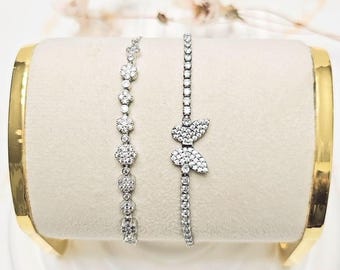 Juego de dos pulseras ajustables de plata con diseño de mariposa y diamantes: bañadas en oro, regalos para ella, regalos para mamá y regalos de cumpleaños.