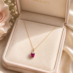 Bezel-Set Radiant Cut Ruby Pendant Gold Necklace:, 18K Gold Plated, 925 Silver, Birthday Necklace, Minimal Necklace, July Birthstone