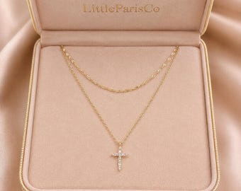Dainty Baguette and Round Diamond Cross with Layering Diamond Cut Gold Chain Necklace: 18K Gold Plated, 925 Italian Silver, Religious Gifts
