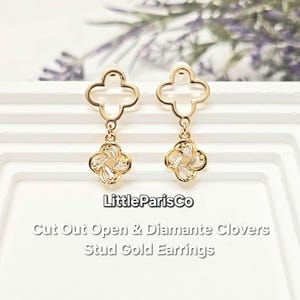 18K Gold Clover Stud Dangle Earrings: Diamante CZ, Lucky Charm