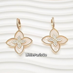 14K Gold Plated Flower Clover Huggie Earrings with Cubic Zirconia