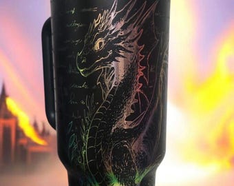 Engraved Dragon Book Page Tumbler with Lid & Straw - Hot/Cold Drinks