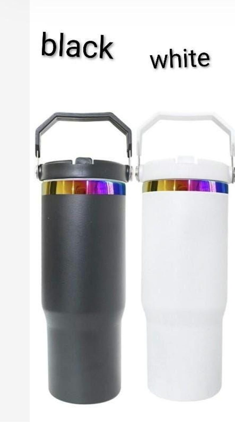 May include: Two insulated tumblers, one black and one white, each with a handle and a colorful iridescent band. The word "black" is above the black tumbler, and "white" is above the white tumbler.