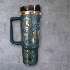 Laser Engraved Stainless Steel Tumbler with Dragon Design, Double Walled Insulated Cup with Lid and Straw - Perfect Gift for Anyone