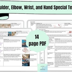 Puede incluir: Un documento PDF de 14 páginas titulado "Shoulder, Elbow, Wrist, and Hand Special Tests" con un fondo verde y blanco. El documento contiene una tabla con información sobre diferentes pruebas para el hombro, el codo, la muñeca y la mano.