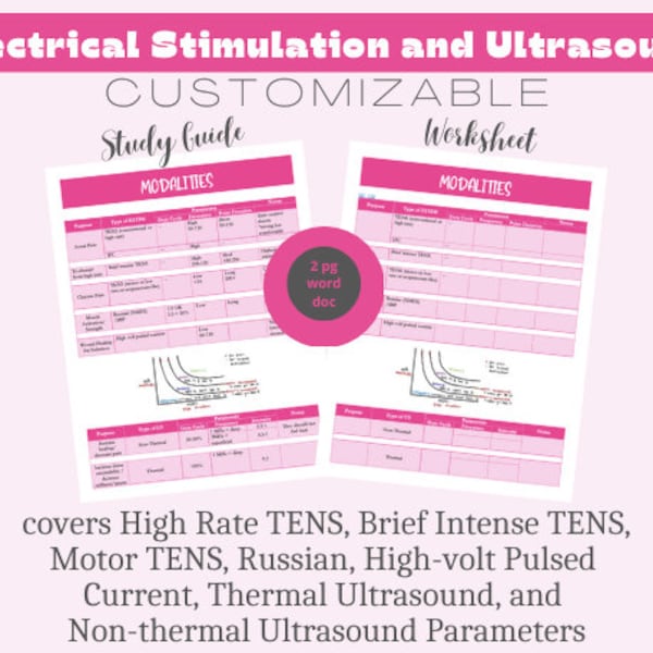 NPTE - CONDENSED Electrical Stimulation and Ultrasound Worksheet and Study Guide - transcutaneous electrical nerve stimulation & thermal US