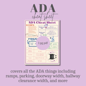 May include: A one-page ADA cheat sheet with illustrations and text. The sheet covers ramps, parking, bathroom dimensions, doorway width, hallway clearance width, and more.