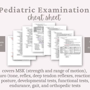 Könnte beinhalten: Ein druckbares Spickzettel für pädiatrische Untersuchungen. Das Dokument umfasst muskuloskeletale, neurologische, entwicklungsbezogene, funktionelle und orthopädische Tests. Das Dokument ist anpassbar und enthält ein 7-seitiges Word-Dokument.