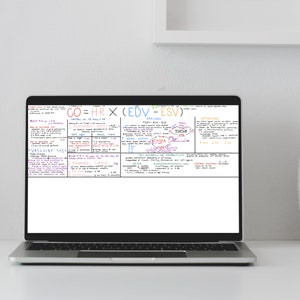May include: A laptop screen displaying a handwritten diagram about the cardiovascular system. The diagram includes the formula for cardiac output (CO = HR x (EDV - ESV)) and labels for preload, afterload, and contractility.
