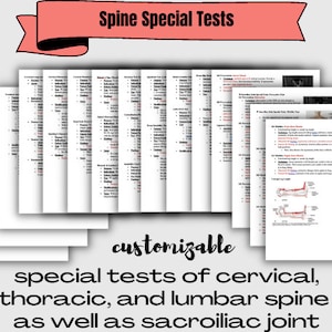 Może przedstawiać: Zestaw drukowanych arkuszy roboczych dla fizjoterapeutów i innych pracowników służby zdrowia. Arkusze robocze zawierają specjalne testy dla kręgosłupa szyjnego, piersiowego, lędźwiowego i stawu krzyżowo-biodrowego. Tekst na arkuszach roboczych brzmi "Spine Special Tests" i "customizable special tests of cervical, thoracic, and lumbar spine as well as sacroiliac joint".