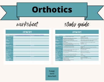 Guía de estudio y hoja de trabajo sobre ortesis que cubren el propósito de las ortesis de pie, las ortesis de tobillo y pie y las ortesis de columna para la escoliosis y la cirugía.