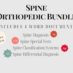 Puede incluir: Un paquete de descarga digital de cuatro documentos de Word sobre la columna vertebral, con un total de 29 páginas. Los documentos cubren el diagnóstico de la columna vertebral, las pruebas especiales, los sistemas de clasificación y el diagnóstico diferencial. Los títulos de los documentos están escritos en texto negro sobre un fondo gris claro. Cada título de documento va acompañado de un icono en forma de estrella con el número de páginas del documento escrito en su interior.