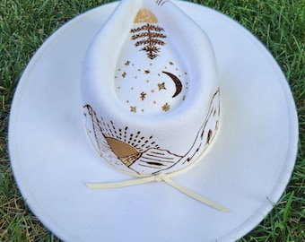 Custom Hand Burned Hat Hand Burned Wide Brim Rancher Hat Custom Branded Hat Mountain Burned Hat Western Hand Burned Hat Branded Hat