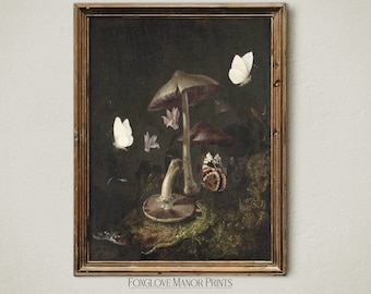 Dark Cottagecore Art Print, Moody Oil Painting Artwork, Mushrooms, Moths, Snake, & Lizard Decor, Vintage Digital Printable Download | I-229