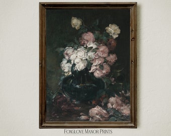 Printable Dark Floral Print, Vintage Moody Wall Art, Digital Download, Dark Academia Aesthetic, Victorian Dark Cottagecore Painting I-25A