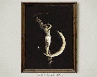 Impresión de arte de la diosa de la luna, pintura de luna creciente y estrellas, arte de la pared del cielo nocturno celestial, descarga imprimible digital, decoración de la academia oscura, I-300
