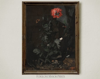 Gothic Poppy Art Print, Dark Cottagecore Dekor, stimmungsvolle Malerei, Dark Academia ästhetische Wandkunst, Vintage bedruckbarer Download, I-299