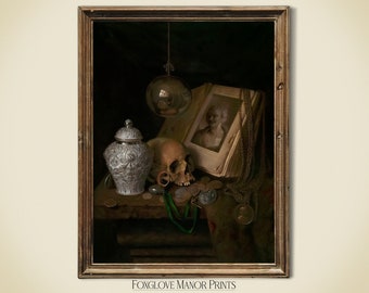 Skull Art Print, Macabre Painting, Digital Printable Download, Vintage Halloween Home Decor, Dark Academia Aesthetic, Goth Wall Art | I-207