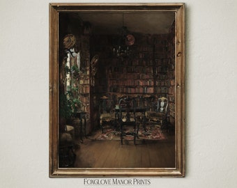 Obraz z biblioteki wiktoriańskiej w stylu vintage, wydruk Light Academia, pobieranie wydruków cyfrowych, nastrojowa sztuka ścienna, wydruk sztuki gotyckiej w ciemnym kolorze, sztuka książki, I-237