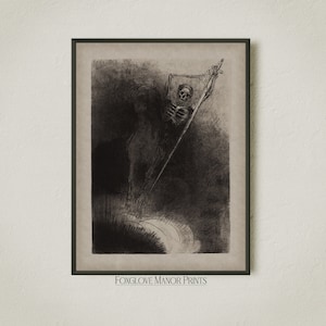 Puede incluir: Una ilustración vintage en blanco y negro de un esqueleto sosteniendo una espada y de pie en una colina. La imagen está enmarcada en un marco negro con el texto "Foxglove Manor Prints" en la parte inferior.