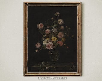 Do druku Vintage Floral Moody Martwa natura Malarstwo, Ciemny botaniczny wydruk artystyczny, Antyczne róże w wazonie Sztuka ścienna, Kwiaty Cyfrowe Pobieranie I-252