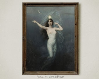 Selene Moon Goddess Wall Art, Vintage Crescent Moon Painting, Printable Mythology Artwork, Digital Download, Celestial Fine Art Print, I-276