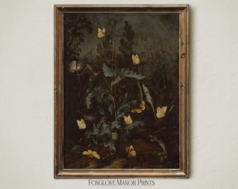 Dark Cottagecore Art Print, Moody Oil Painting, Dark Academia Decor Aesthetic, Vintage Digital Printable Download, Poppy, Moth & Snake I-248