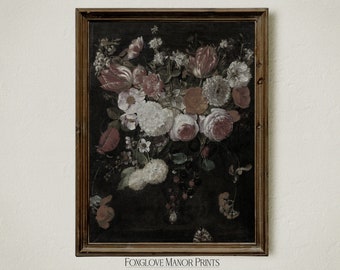 Dark Floral Print, Moody Gothic Wall Decor, Vintage Bouquet of Flowers Painting, Digital Printable Download, Dark Academia Aesthetic I-291