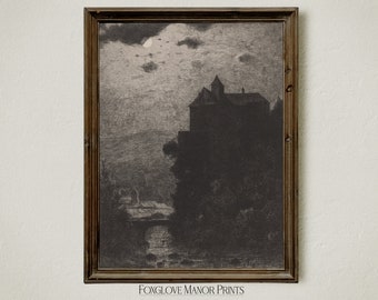 Spooky Gothic Castle Art Print, Digital Printable Download, Moody Full Moon Landscape, Dark Academia Decor, Vintage Witchy Wall Art, I-271