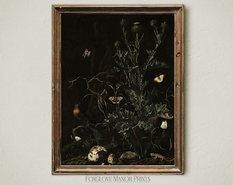 Dark Moody Thistle Art Print, Moody Oil Painting Artwork, Vintage Dark Academia Decor, Digital Printable Download, Lizard & Moth Art I-242
