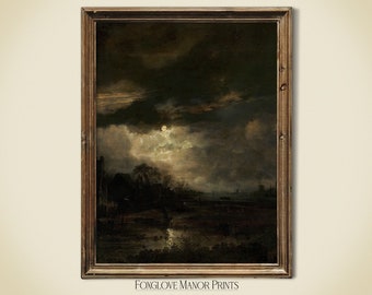 Moody Dark Academia Aesthetic Print, Night Sky Painting, Vintage Moon Print, Digital Printable Download, Dark Cottagecore Landscape | I-208