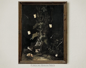 Snake & Moth Dark Cottagecore Forest Floor Art Print, Moody Oil Painting, Vintage Dark Academia Decor, Digital Printable Download, I-292