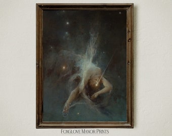 Göttin der Sterne, Ölgemälde, Vintage Celestial Night Sky Kunstdruck, Digital Printable Download, Cosmic Dark Academia Decor, I-267