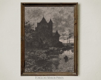 May include: A black and white print of a building with a river in front of it. The building is a large, imposing structure with a tall tower. The river is calm and still, and there is a small boat in the middle of it. The print is framed in a dark wood frame. The text "FOXGLOVE MANOR PRINTS" is at the bottom of the print.