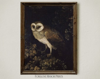 Moody Owl Art Print, Digital Printable Download, Dark Academia Decor, Vintage Owl Painting, Dark Cottagecore Aesthetic, Witchy Wall Art I-44