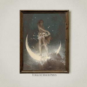 Diosa de la luna de la pintura al óleo nocturna, impresión de arte de luna creciente vintage, descarga imprimible digital, cielo celestial con decoración de pared de estrellas, I-266