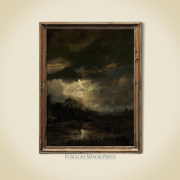 Moody Dark Academia Impresión estética, Pintura del cielo nocturno, Impresión de luna vintage, Descarga imprimible digital, Paisaje oscuro Cottagecore / I-208
