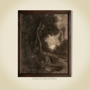 Women Bathing in the Moonlight Vintage Artwork | Digital Printable Download | Antique Forest Sketch | Moon and Pond Drawing | I-27