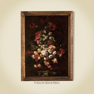 Moody Floral Oil Painting | Antique Dark Still Life Art Print | Bouquet of Flowers in Vase | Vintage Digital Printable Download I-105