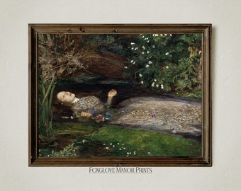 Ophelia Ertrinken Kunstdruck, digital druckbare Download, Vintage Gothic Wohnkultur, dunkle Academia Ästhetik, launisch Wand Kunst Malerei, I-310
