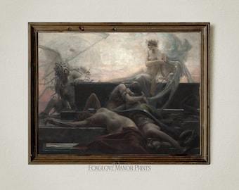 May include: A painting depicting a scene of a woman with wings standing over a group of people lying on a stone platform. The woman is wearing a white robe and has a crown of flowers on her head. The people are dressed in dark clothing and appear to be in distress. The painting is set against a background of a cloudy sky.
