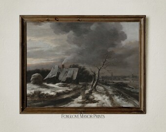 Winter in de Witch's Cottage schilderij, humeurig landschap Art Print, Witchy Wall Art, afdrukbare digitale download, Dark Academia Decor, I-297