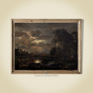 Humeurige donkere nacht Art Print | Afdrukbare vintage kunst aan de muur | Brug onder maanschilderij | Maanverlichte hemelkunst | Direct digitaal downloaden | I-192