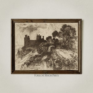 Gothic Castle Sketch Wall Art, Digital Printable Download, Dark Academia Art Print, Moody Home Decor, Vintage Light Academia Aesthetic I-30A