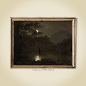 Vintage Night Sky Painting | Full Moon Art Print | Digital Printable Artwork | Antique Moody Landscape Art | Instant Download | I-197
