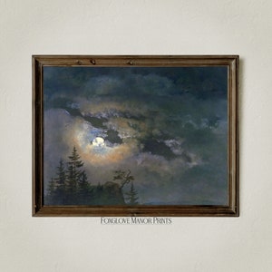 Olieverfschilderij volle maan nachtelijke hemel, vintage humeurige muurkunst, digitale afdrukbare download, decor Dark Academia, gotische landschapskunstdruk, I-280