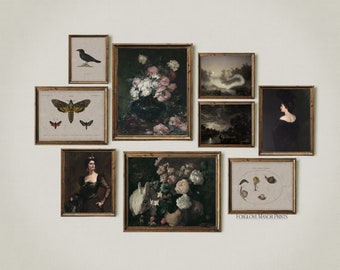 Set of 9 Dark Academia Prints Gallery | Moody Portrait Paintings | Instant Printable Digital Download | Landscape, Crow, Moth Artwork, G9-3A